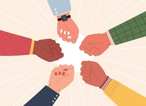 Raised fists. Successful team hands up to celebrate win. Diverse community fight and protest. Partnership, cooperation work vector concept. Illustration success team, fist hands up