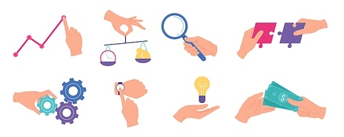Businessman hands. Business analysis and statistic, research work, teamwork, time management, creative ideas and audit concepts vector set. Illustration business research and idea in hand