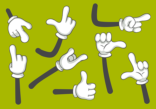 Cartoon hands. Gloved hands. Gloves arm point different finger gestures or palm gesture language comic doodle symbols. Vector gesturing isolated illustration icons set