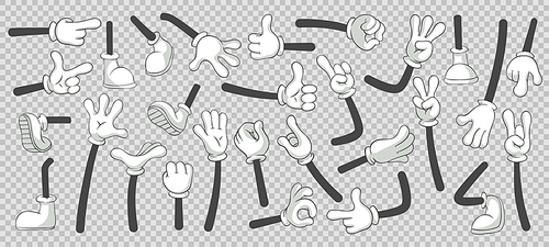 Cartoon legs and hands. Legs in boots and gloved hands. Feet and glove hand character or foot in sneakers kicking, walking and running. Vector isolated illustration symbols set
