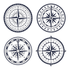 Vintage sea compass. Retro east and west, north and south arrows equipment nautical maritime orientation measure. Navigation sailing old compasses with rose of wind isolated vector icon set