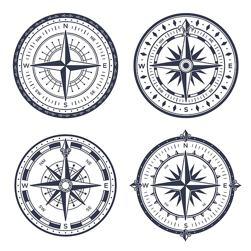Vintage sea compass. Retro east and west, north and south arrows equipment nautical maritime orientation measure. Navigation sailing old compasses with rose of wind isolated vector icon set