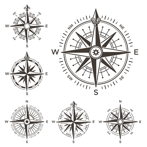 Retro nautical compass. Vintage rose of wind for sea world map navigation marine windrose icons. West and east or south and north arrows old travel antique equipment symbol isolated vector set