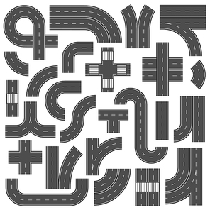 Connectable highway road elements. Crossroads, footpath and speedway highways crossroad junction mark. Asphalt street lane city traffic roads with marking segment vector isolated sign set