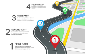 Highway road infographic. Street roads map, gps navigation way path direction and town journey route pin directions gps navigate blank asphalt highways marker sign 3d vector concept