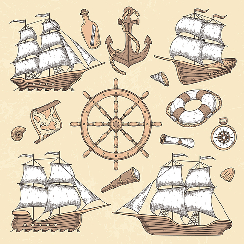 Vintage marine ships. Old cartouche frame, ship anchor and sea wheel with ancient compass. Ocean sailboat insignia, maritime nautical antique sail boat retro vector illustration icons set