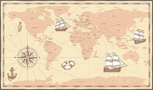 Antique world map. Vintage compass and retro ship on ancient marine map. Old countries boundaries earth geography antiques navigation cartography west coast and north america vector illustration