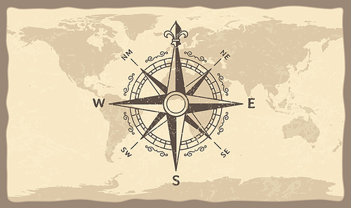 Antique compass on world map. Vintage geographic history maps with old marine compasses arrows, ancient nautical sailing ship journey compass. Navigation vector illustration