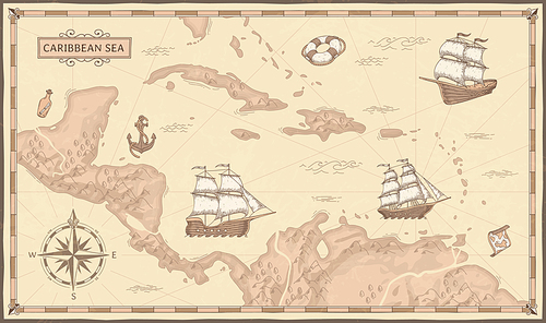 Old caribbean sea map. Ancient pirate routes, fantasy sea pirates ships and vintage pirate maps. Old marine map, ancient nautical compass and ship. Geographical vector concept illustration