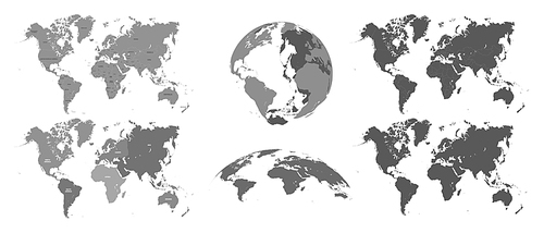 World gray maps. Map atlas, earth topography mapping silhouette. countries universe globe mapping boundaries location planet vector isolated symbols illustration set