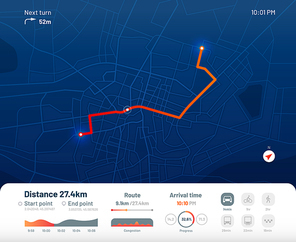 Route dashboard. City street map navigation, town running routes and gps tracking maps app. Navigate device or route navigator tracker mobile interface. Flat vector illustration