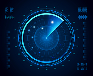 Futuristic radar. Military navigate sonar, army target monitoring screen and radar vision interface map or navy submarine satellite display interface. Aircraft compass vector isolated concept