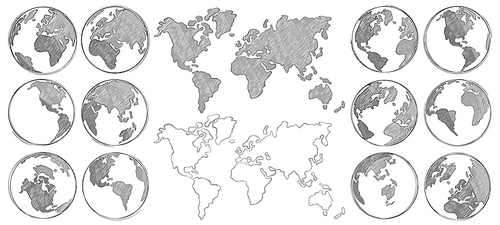 Sketch map. Hand drawn earth globe, drawing world maps and globes sketches. World map, travel ink geography planet sketches. Isolated vector illustration icons set