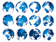 Blue earth globe. Globes sphere silhouette, europe asia and america maps. Earth map globe, world continents or geography atlas isolated 3D vector symbols set