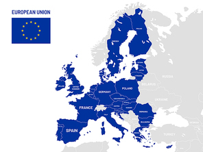 European Union countries map. EU member country names, europe land location maps. Political member country land, nationalism geography globe cartography map vector illustration