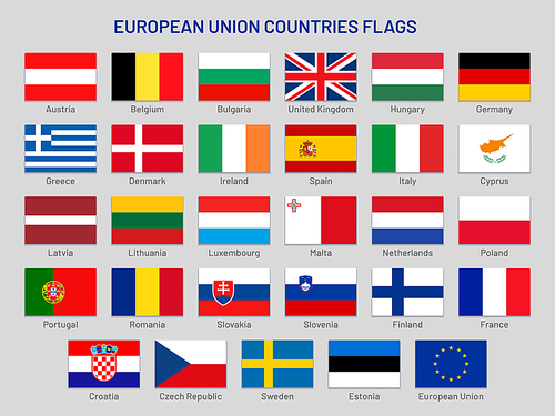European Union countries flags. Europe travel states, EU member country flag. France, Portugal and Finland flags. United kingdom, Greece and Spain flag vector isolated symbols set