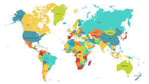 Colored world map. Political maps, colourful world countries and country names. Geography politics map, world land atlas or planet cartography vector illustration