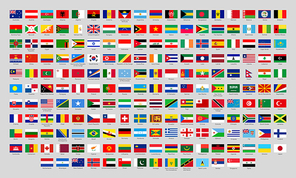 World national flags. Official country signs, europe emblems, asia and america countries flag. International language knowledge or Africa, Canada and Japan flags. Flat isolated vector icons set