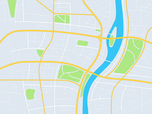 City map. Gps navigation plan, town streets with park and river, abstract direction road topographic map, planning travel, vector image. Crossroads with districts and blocks illustration