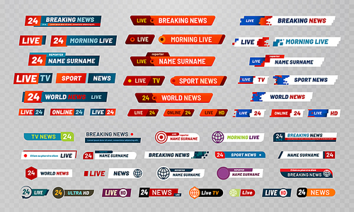 Tv broadcast title. Television broadcasting channels banners, show titles and news live video banner. Channel header world breaking streaming news interface. Isolated icons vector set