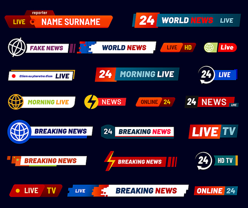 Tv news bar. Television broadcast banner or broadcasting media channel. Reporter interface header morning, live or breaking news banner. Vector isolated icons set