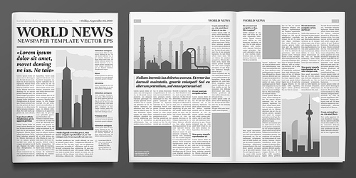 Business newspaper template. Financial news headline, newspapers pages and finance journal. Newsprint press, daily brochure or business magazine. Isolated vector illustration layout set