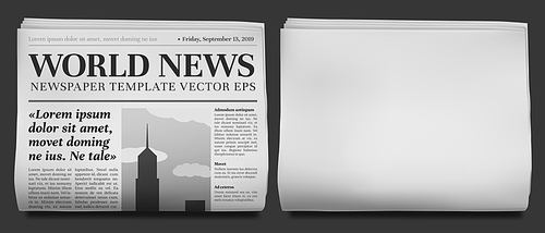 Newspaper headline mockup. Business news tabloid folded in half, financial newspapers title page and daily journal. News brochure,  magazine column retro vector illustration