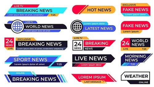 Breaking news banner. Broadcasting screen bars, television title third part banners and live TV sport news communication, information screen frame vector set