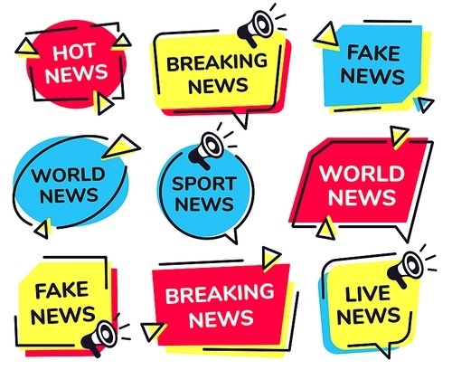 News label. Breaking, live sport and fake news badges vector set. Bundle of modern banners for television broadcasting. Collection of creative flat design elements for newscast TV program, media show.
