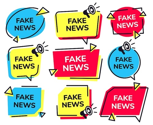 Fake news label. News badge with loudspeaker icon, fake media megaphone labels vector set. social hoax, manipulative politics information stickers