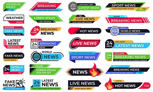 News banner. Breaking header, 24 live news and sport bar banner templates vector set. Collection of lower thirds or graphic overlays for television newscast show, internet media, online broadcasting.