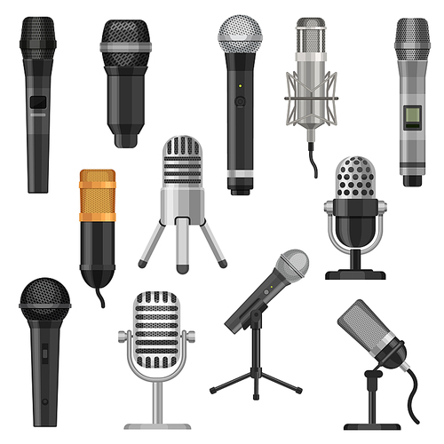 Cartoon studio microphones. Broadcast, voice and music audio recording equipment. Karaoke mic and vintage radio microphone flat vector set. Illustration sound mic audio, studio voice microphone