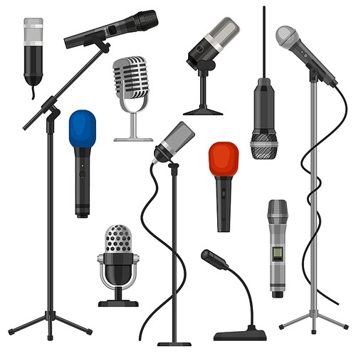 Microphones on stands. Singer mic with wire for stage performance. Music studio audio record equipment. Cartoon radio microphone vector set. Illustration microphone to broadcasting and entertainment