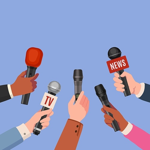 Journalist hands with microphones. Reporters with mics take interview for news broadcast, press conference or newscast. Media vector. Illustration media news, reporter journalist with microphone