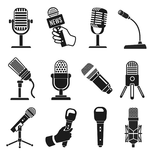 Microphone silhouette. Modern and old vintage mic icons. Music or podcast recording. Logo element for karaoke and radio broadcast vector set. Illustration microphone to karaoke and radio