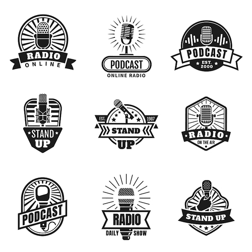 Radio emblems. Podcast, broadcast and studio badges with vintage microphones. Stand up logo with hand holding mic. Music station vector set. Illustration radio broadcast microphone emblem