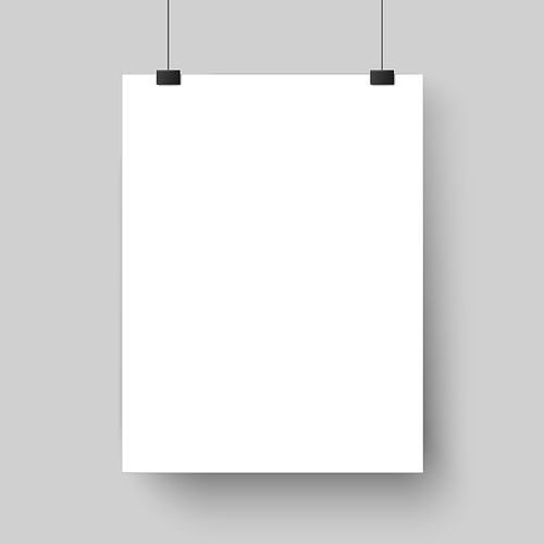 Blank white poster template. Affiche, paper sheet hanging on wall. Vector advertising banner mockup stand exhibit, empty picture billboard page for printing