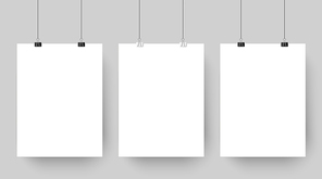 Empty affiche mockup hanging on paper clips. White blank advertising poster template casts shadow on gray background. three canvas photo sheets vector illustration