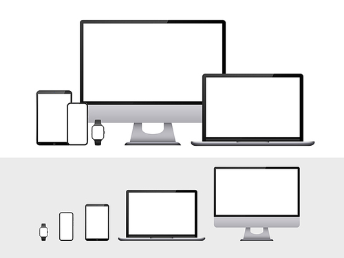 Computer, laptop, tablet, smartphone and smart watch device with blank white screen. Devices mockup for responsive web design and presentation isolated vector set