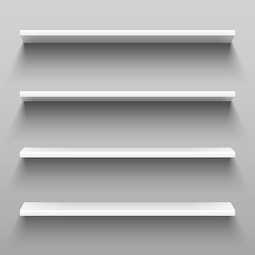 Empty white shelves for home shelving furniture. Realistic 3d group of bookshelf racks, storage shelf with shadow or shop marketplace supermarket rack at different angles vector illustration set