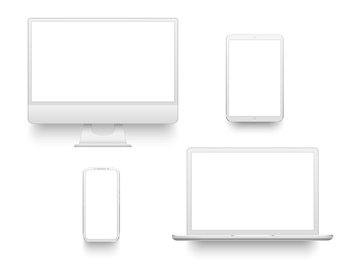 White desktop computer display screen smartphone tablet portable notebook or laptop. Outline mockup electronics devices phone monitor lines realistic simple isolated 3d vector set