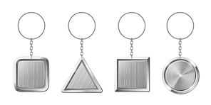 Key ring with silver pendant holder. Blank keychain with ring for keys. Isolated circle triangle square key chains for home on steel key holder or car keys 3d realistic isolated vector set