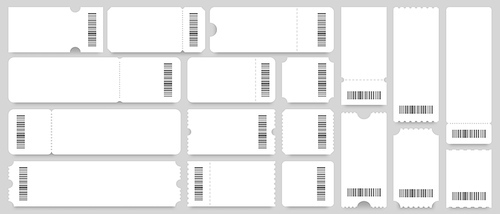 Ticket or  template. Empty white tickets mockup, vintage s with barcode. Discount voucher card blank, cinema or party invitation entry flyer ticket layout. Isolated vector icons set