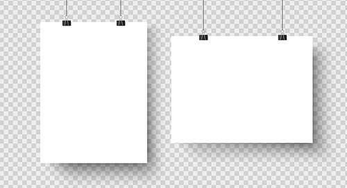 White blank posters hanging on binders. A4 paper page, sheet canvas on wall for exhibition poster template. Vector photo exhibit realistic isolated icons mockup set