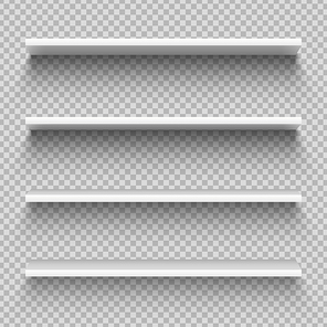 White shop product shelves. Blank empty showcase display, 3D supermarket retail shelves. Bookcase store rack, shopping merchandise market products racks realistic vector isolated mockup