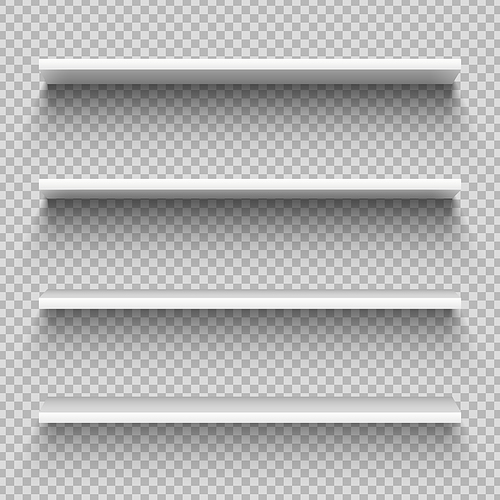 White shop product shelves. Blank empty showcase display, 3D supermarket retail shelves. Bookcase store rack, shopping merchandise market products racks realistic vector isolated mockup