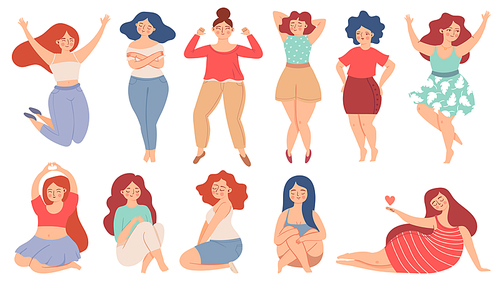 Women self love. Proud adult woman care and hugs herself, holding heart. Happy confident female. Love yourself and body positive vector set. Different overweight or plus size girls in harmony