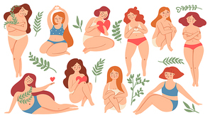 Body positive. Happy plus size beautiful women in swimsuit and underwear holding hearts and hugs knees. Female self care and love vector set. Peaceful girl characters in different postures