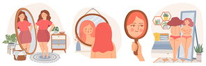 Women with mirrors. Confident young female look at reflection in mirror. Self acceptance concept. Girls in scandinavian interior vector set. Happy carefree overweight lady loving her body,