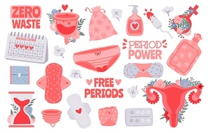 Menstruation hygiene. Female period products - tampon, pads, menstrual cup. Zero waste for woman critical days vector set. Menstruation female period, feminine menstrual care illustration